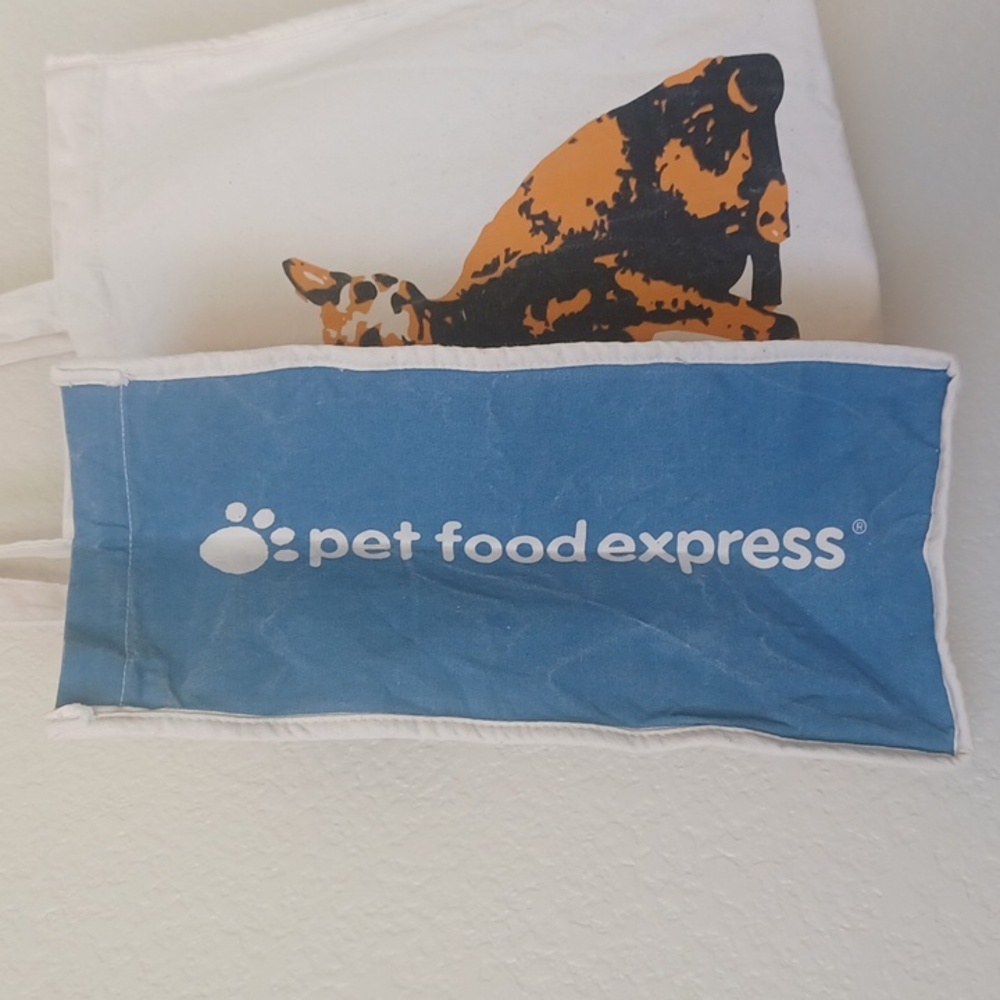 3/$25 Pet Food Express Canvas Tote Bag Cat & Dog Image, Off White Blue Orange - Picture 7 of 14